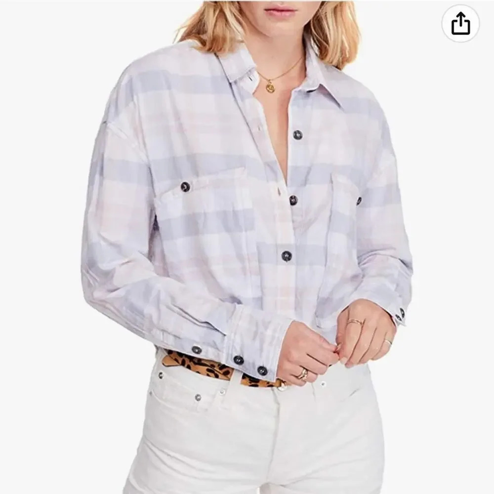 Free People Loveland Plaid Button Up Boho Frayed Hem Shirt